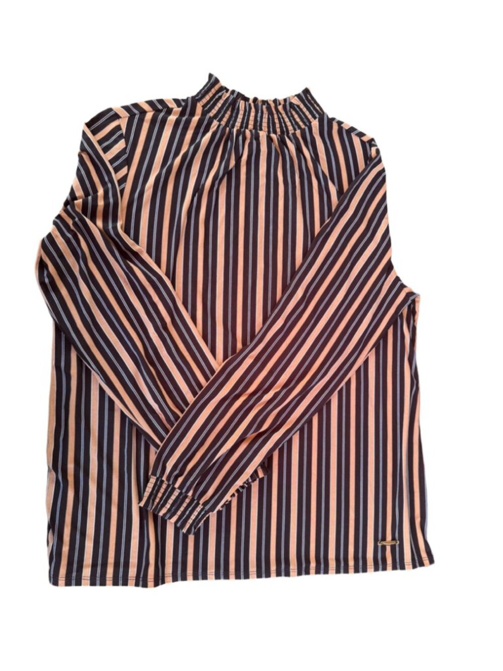 Anne Klein Striped Long Sleeve Top Large Black Tan White Elastic Neckline